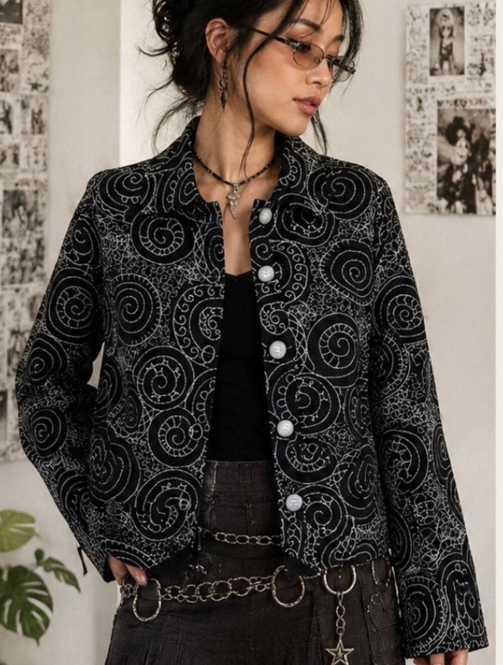 Vintage Parsley & Sage Black White Embroidered Swirl Jacket artsy maximalist M